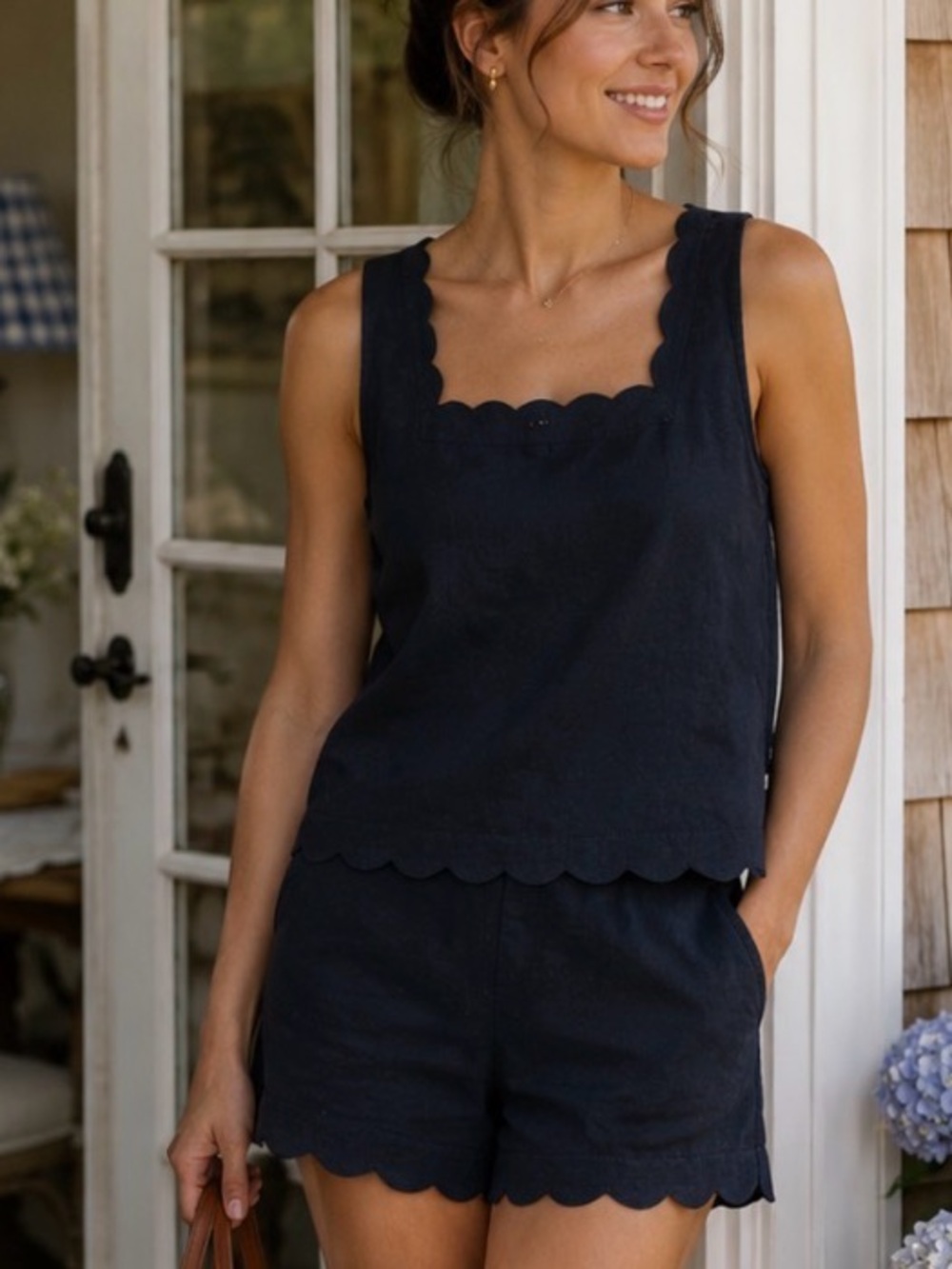 Aqua Excl for Bloomingdales Black‎ Scalloped Tank and Shorts Set Square neckline